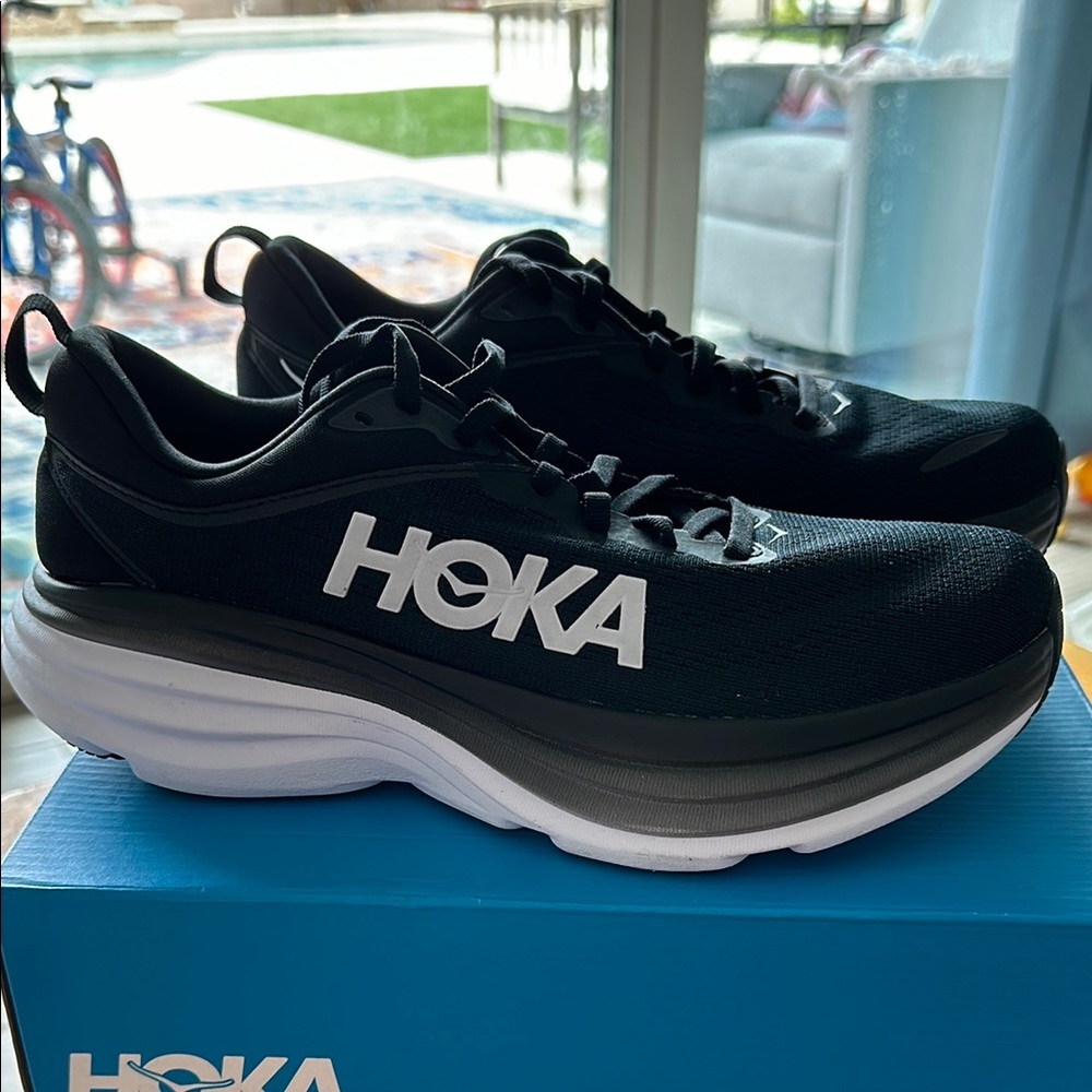 Hoka Bondi 8 Black and White Athletic Shoes with Modern Design